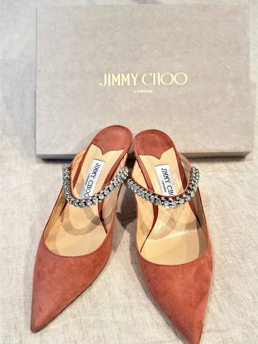 Jimmy Choo Bing Suede Mule Rose Crystal Strap Heels